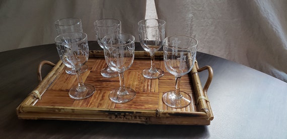Vintage Wine Glass, Sasaki Etched Bamboo Wine, Vintage Barware, Vintage Glassware, Wine Glasses, Vintage Cocktail Glass,  Set of 6