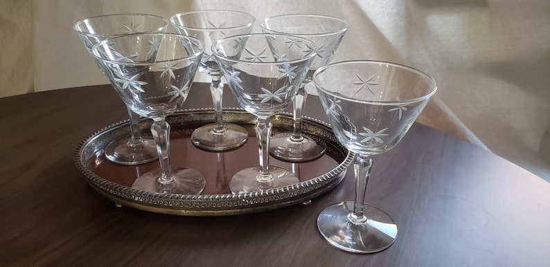 Vintage Coupe Glasses, Libbey Candlelight, Cocktail Glass, Martini Glass, Star Glass, Etched Coupe Glass, Set of 4 or 6 Set of 6