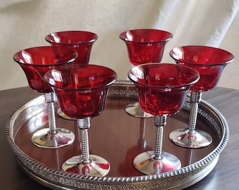 Vintage Ruby Red Coupe Glasses, Vintage Martini Glasses, Vintage Cocktail Glass, Chrome Glassware, Amberina Glass (Set of 6)