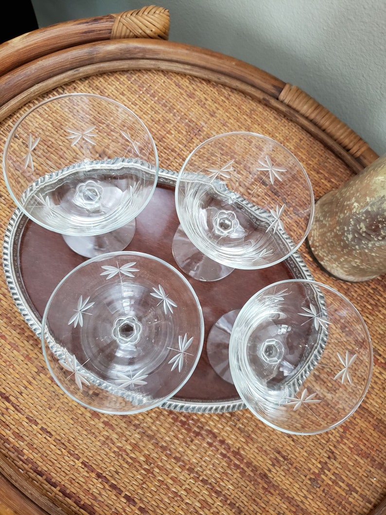 Vintage Coupe Glasses, Libbey Candlelight, Cocktail Glass, Martini Glass, Star Glass, Etched Coupe Glass, Set of 4 or 6 image 8