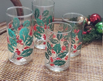 Holly Glasses, Christmas Glasses, Libbey Glassware, Libbey Christmas Glasses, Set of 4 (2 sizes)