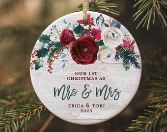 Lesbian Newlywed Christmas Ornament, Just Married Ornament 2022, Gay Couple Personalized Wedding Gift for Lesbian Couple Mrs and Mrs 1st