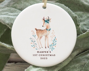 Personalized Baby's First Christmas Ornament, Deer Ornament, Babys 1st Christmas 2022 Ornament Fawn Doe Personalized Woodland Ornament Gift