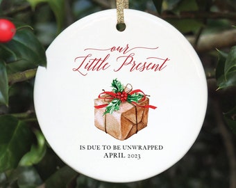 Expecting Ornament Our Little Present Is Due To Be Unwrapped New Baby Gift Pregnancy Announcement Pregnant Ornament Personalized Ornament