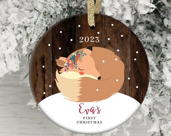 Baby's First Christmas Ornament Little Fox Ornament Personalized Children's Ornament Baby Girl Ornament Rustic Faux Wood Ornament Baby Fox