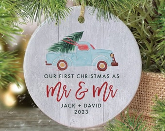Gay Marriage Ornament, First Christmas as Mr & Mr Christmas Gift for Newlywed Gay Couple, Blue Pickup Truck Christmas Ornament for Men Gift