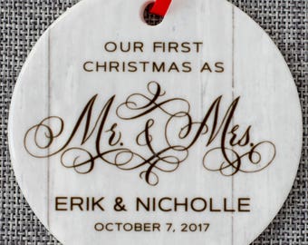 Married Christmas Ornament Newlywed First Christmas Married, Mr and Mrs Christmas Ornaments for a Wedding Modern Farmhouse Newlywed Ornament