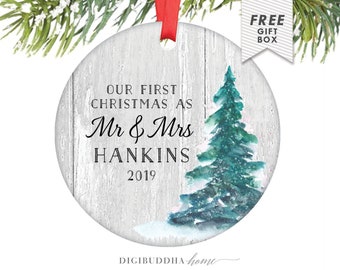 Rustic Newlywed Christmas Ornament Married Wedding Ornament, Custom Christmas Ornament Wedding Gift, Our First Christmas Married Ornament