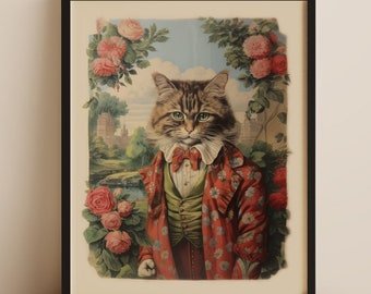 Ephemera Vintage Cat Print Wall Art, Watercolor Cat Portrait, Vintage Floral Orange Cat Lover Gift Women, Purr of a Cat, Colorful Cat Art