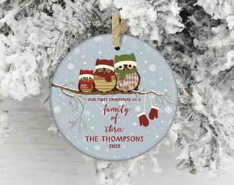 Our First Christmas as a Family of Three Mommy & Daddy Ornament Owl Family of 3 Ornament Personalized Christmas Ornament New Parents Gift