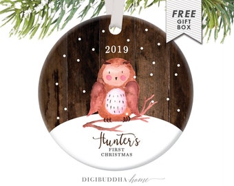 Baby's First Christmas Ornament Little Owl Ornament Personalized Children's Ornament Baby Boy Ornament Rustic Faux Wood Ornament Baby Owl