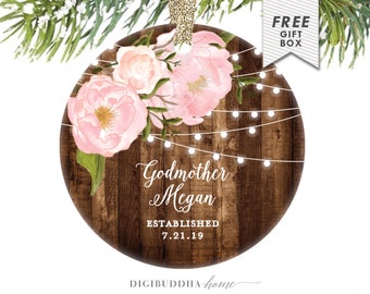 Godmother Ornament, Personalized Rustic Floral Gift for Godmother, Baptism Christmas Ornament for Godmother, Christening Gift for Godmom