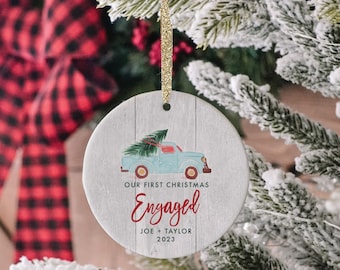 Personalized Engagement Ornament, Personalized Engagement Christmas Ornament, Gifts for Newly Engaged Couple, Blue Pickup Truck Ornament