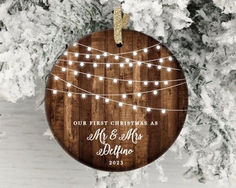 Rustic First Christmas as Mr & Mrs Ornament Our First Christmas Married Ornament Newlywed Christmas Ornament Wedding Ornament Wood Lights