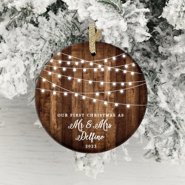 Rustic First Christmas as Mr & Mrs Ornament Our First Christmas Married Ornament Newlywed Christmas Ornament Wedding Ornament Wood Lights