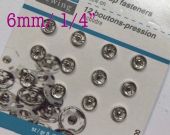 Silver OR Black Sew On Snap Fasteners in 6mm (Quarter Inch - 1/4 inch) Size  - Rust Resistant Snaps for Doll Clothes