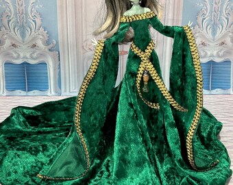 Green and Gold Medieval Doll Gown - Velour Doll Dress for your 11" Slimline Fashion Doll, Monster Doll Dress, Green Doll Gown