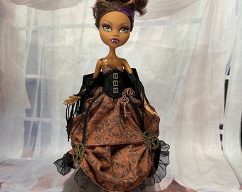 Brown and Black Steampunk Saloon Dress for your 11" Fashion Slimline Doll, Steampunk Doll Dress, Saloon Doll Dress, Monster Doll Clothes