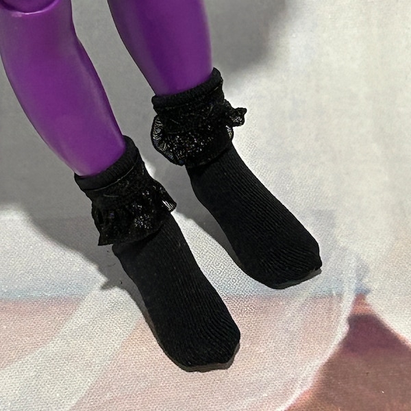 Black Ruffled Socks for your 10" Fashion Doll - Rainbow Doll Socks, Black Doll Socks, Doll Socks with Ruffles