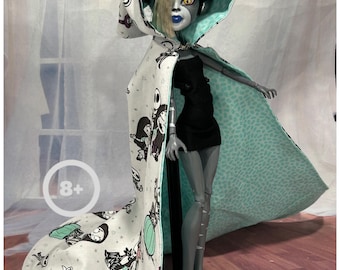 HALLOWEEN COLLECTION - Skeleton Cape with Either Mint Lining or Grey Lining for your 10-12" Fashion Doll, Halloween Doll Cape