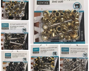 25 Piece Per Package - 2 Part Eyelet Kit with Tool - 4mm Eyelet Kit, 3/16" Eyelet Kit - Silver, Gold, Antique Gold, Gunmetal, Black OR White