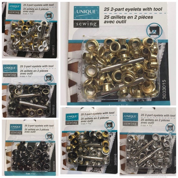 25 Piece Per Package - 2 Part Eyelet Kit with Tool - 4mm Eyelet Kit, 3/16" Eyelet Kit - Silver, Gold, Antique Gold, Gunmetal, Black OR White