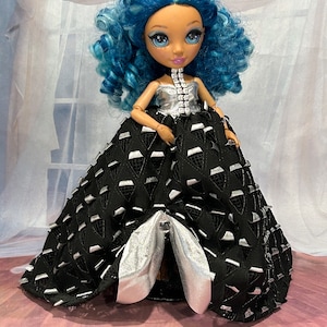 Black and Silver Doll Dress - 10&quot; Fashion Doll Dress, Rainbow Doll Dress, Fashion Doll Clothes, Black Doll Gown with Bling Trim