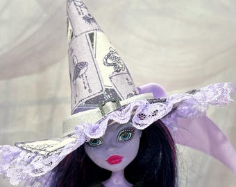 Lavender, Black and White Tarot Card Print Witch Hat for your Monster Fashion Doll, Monster Doll Hat, Doll Witch Hat, Halloween Witch Doll