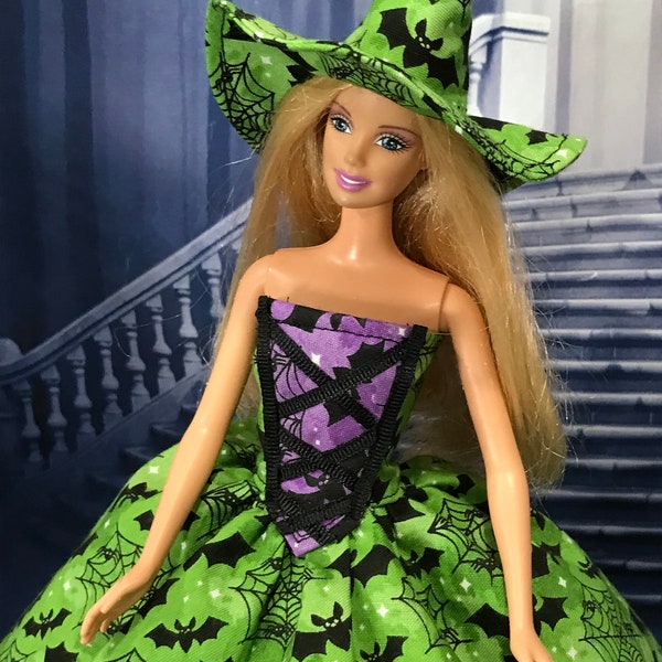 HALLOWEEN COLLECTION - Green, Purple and Black Witch Dress with Hat for your 11.5" Fashion Doll - Witch Doll Dress and Hat