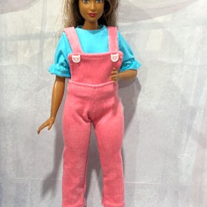 Pink Corduroy Overalls with Aqua Tee for your Curvy Fashion Doll, Fashion Doll Clothes, Doll Overalls, Doll Shirt, Aqua Doll Tee