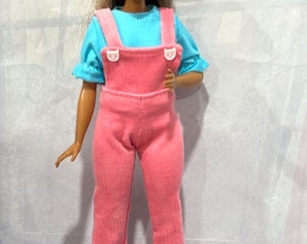 Pink Corduroy Overalls with Aqua Tee for your Curvy Fashion Doll, Fashion Doll Clothes, Doll Overalls, Doll Shirt, Aqua Doll Tee