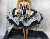 CLEARANCE - FINAL SALE - Navy, Cream and White Layered Dress with Bustle for your 11" Fashion Doll - Doll Corset Dress
