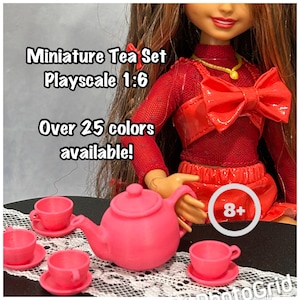 Miniature 1:6 Tea Set, Teapot Cups and Saucers for your Diorama Display, Scale Kitchen Miniatures.