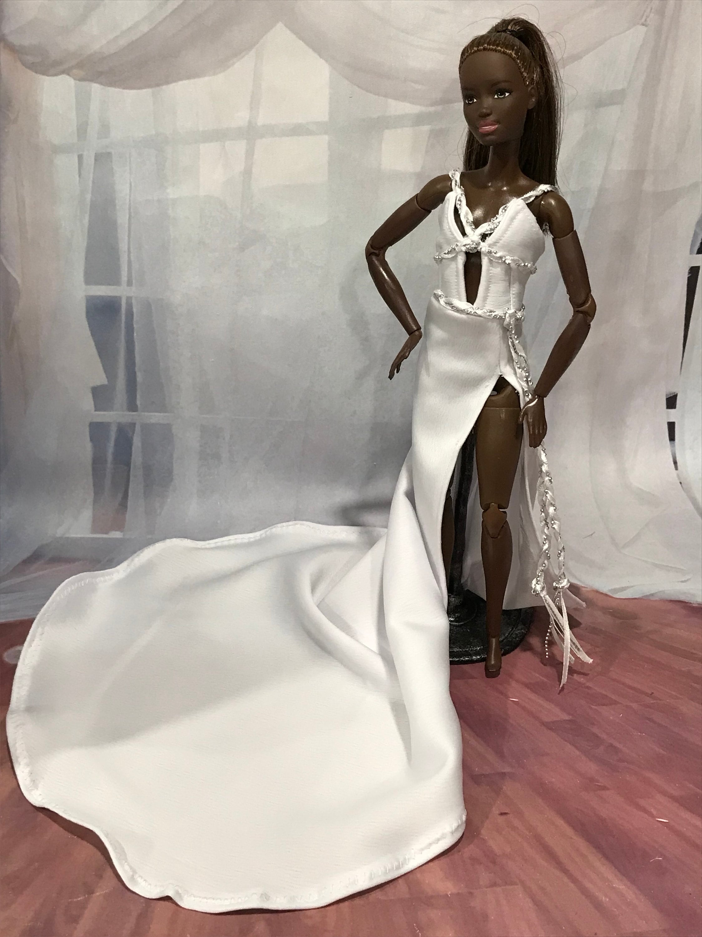 White Brushed Satin High Front Slit Gown with Detailing for your Move Fashion Doll, White Doll Gown, Articulating Doll Dress