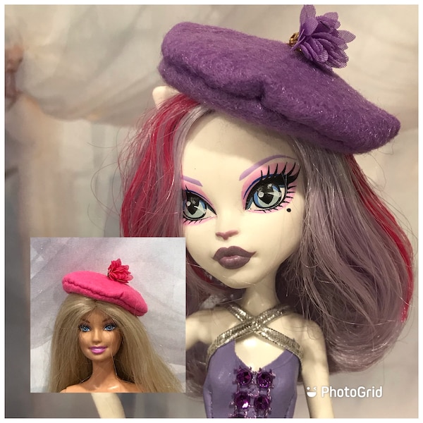 Felt Beret with Flower Tassel for Fashion Dolls - Fashion Doll Hat - Doll Beret - Felt Doll Hat