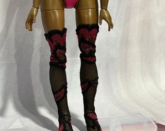 Pink and Black Lace Thigh High Stockings for your 10" Fashion Doll - Doll Lingerie - Doll Stockings, Doll Socks, Rainbow Doll Clothes