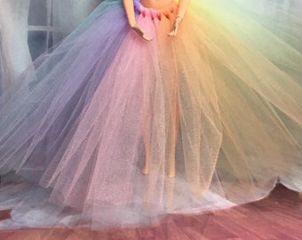 Fashion Doll 11.5&quot; - Pastel Rainbow Stranded Tutu - Pastel Rainbow Doll Skirt for your Fashion Dolls, Rainbow Doll Skirt, Pride Doll Skirt