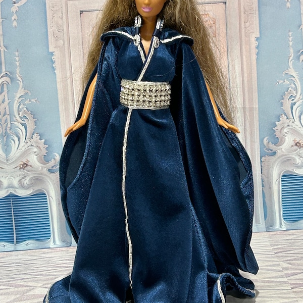 Dark Blue Velvet Cape Coat for your 11.5" Fashion Doll - Fashion Doll Dress, Blue Velvet Doll Dress