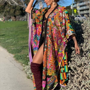 Royal and Majestic Hand-Crafted Colorful Patchwork Dreamcoat Kimono Featuring Hand Embroidery, Hand Sewn Dazzling Sequins and Tassel Accents