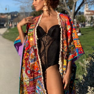 PATCHWORK ROBE, Beach KIMONO, Kimono Women Long, Dreams of Royalty: Vibrant Patchwork Kimono with Hand Embroidery And Tassel Accents