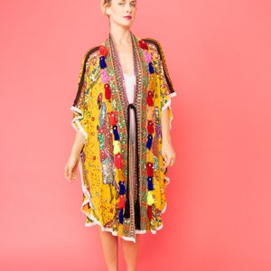 African Art Inspired Handmade Yellow Kimono Style Swimsuit Hand-Embroidered Open Front Cover Up Kaftan - Sparkling Sequins, Patchwork Design