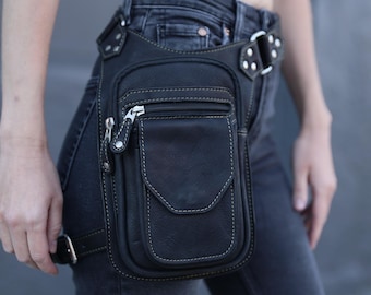 Leather Leg Belt Bag: Unisex Festival Hip Pouch - Black or Brown