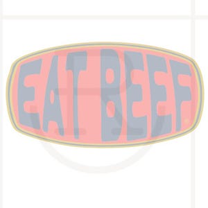 Może przedstawiać: Czerwony owalny projekt graficzny z napisem "EAT BEEF" w szarych literach. Tekst znajduje się wewnątrz czerwonego owalu z żółtą obwódką. Tło jest białe.