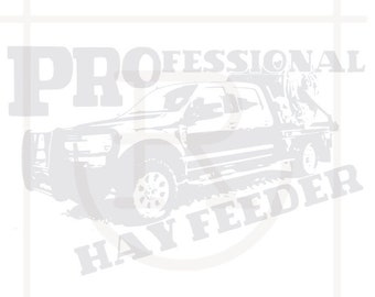 May include: A black pickup truck with a hay feeder attached to the back. The truck has a large bumper and a white "PROFESSIONAL HAY FEEDER" logo on the side.