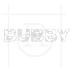 May include: A white logo with the word "BUBBY" in a distressed font style, enclosed in a square frame.