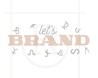 May include: A graphic design with the text "let's brand" in a light brown color. The text is surrounded by a circle of various letters in a light gray color.