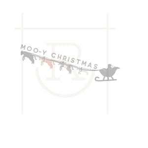 Peut inclure: Une illustration en noir et blanc d'un traîneau tiré par des vaches avec le texte "MOO-Y CHRISTMAS" au-dessus du traîneau.