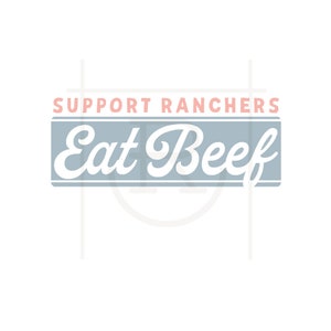 May include: A blue and white sign with the text "Support Ranchers Eat Beef" in white lettering. The text "Support Ranchers" is in pink.