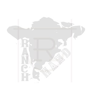 Puede incluir: Una silueta blanca de una vaca con el texto "RANCH" en el lado izquierdo y "HAND" en el lado derecho.