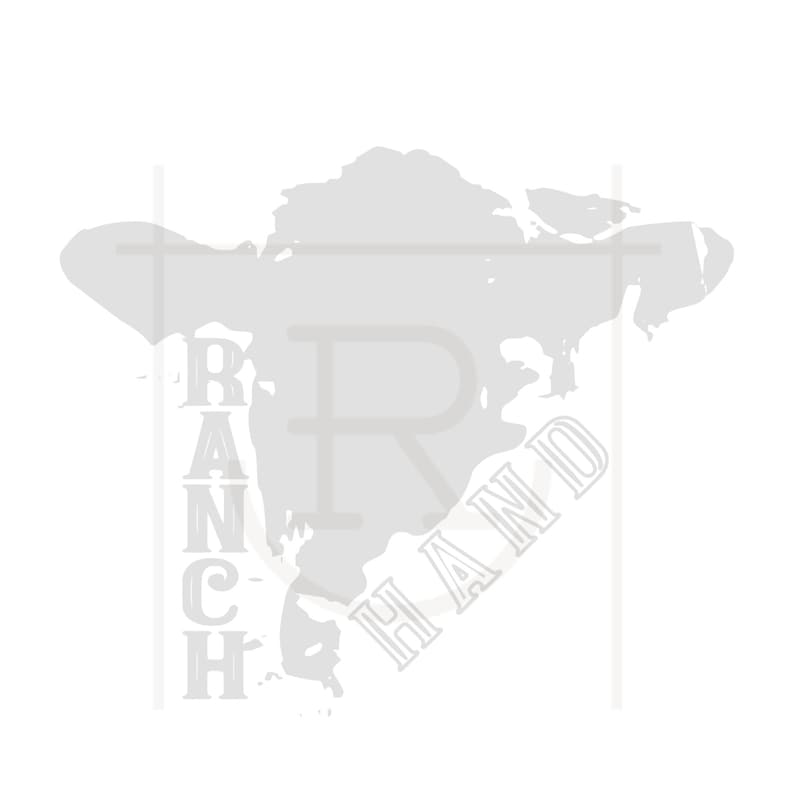 Puede incluir: Una silueta blanca de una vaca con el texto "RANCH" en el lado izquierdo y "HAND" en el lado derecho.